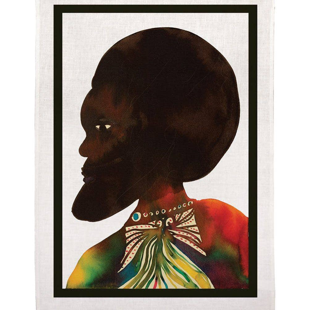Chris Ofili Afromuses tea towel by soulPhoodie featuring a bold Black portrait printed on 100% linen.