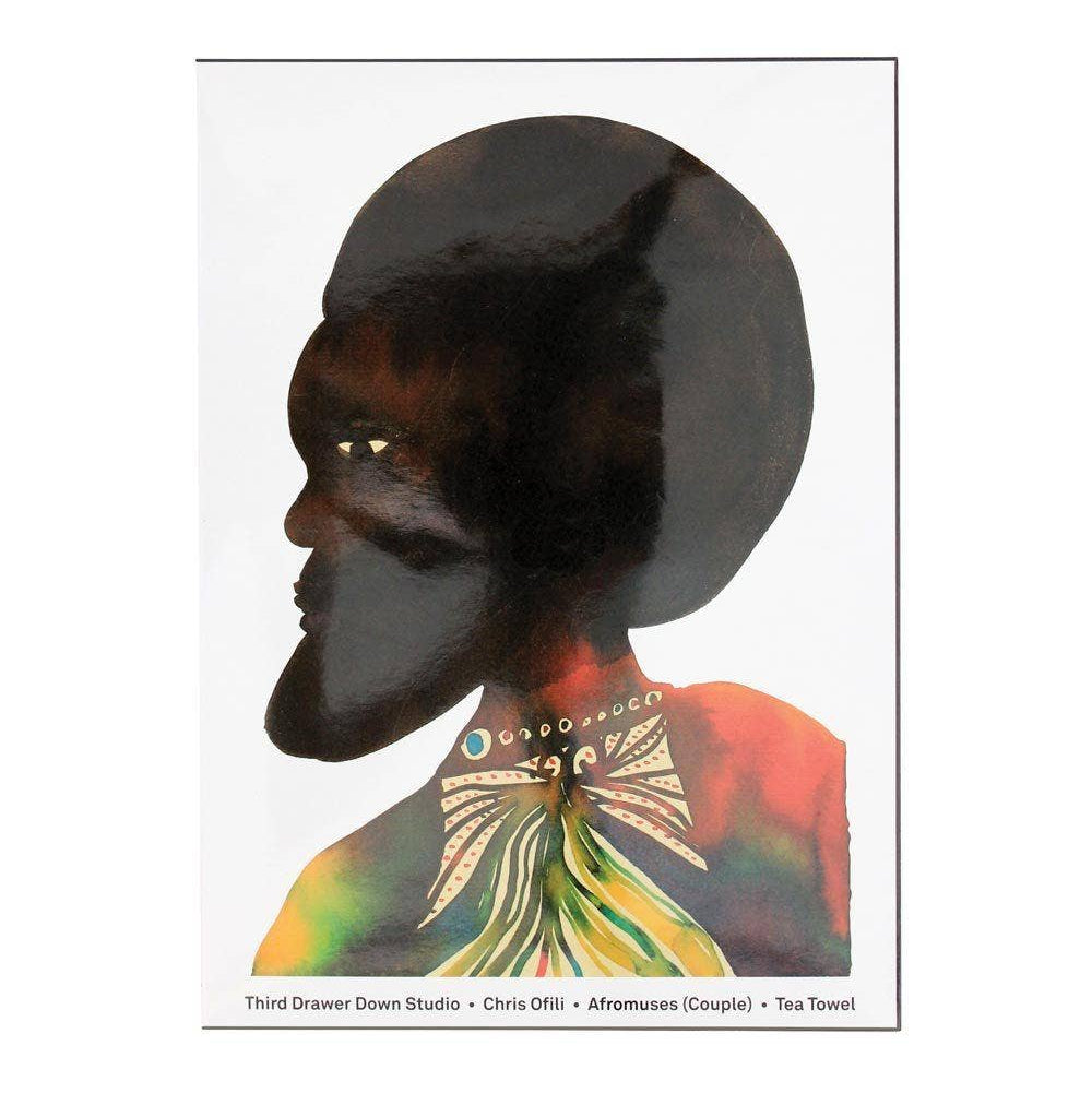Afromuses tea towel by Chris Ofili for soulPhoodie featuring a colorful Black portrait printed on 100% linen.