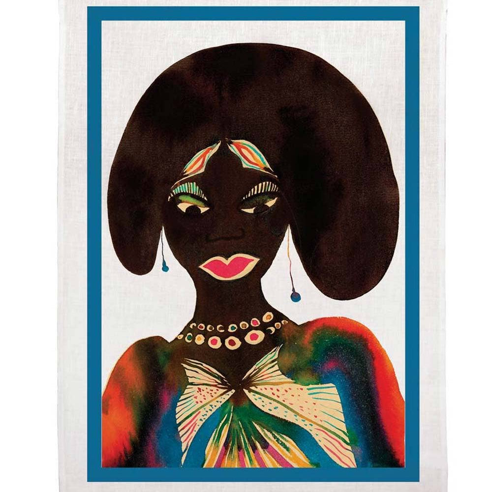 Chris Ofili Afromuses tea towel by soulPhoodie featuring a colorful female portrait printed on 100% linen