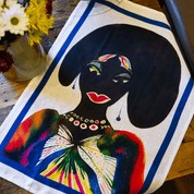 Afromuses tea towel by Chris Ofili for soulPhoodie featuring a vibrant female portrait printed on 100% linen