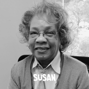 Black-and-white portrait of Susan, namesake of the Susan Apron from soulPhoodie, a Black-owned brand honoring family legacy.